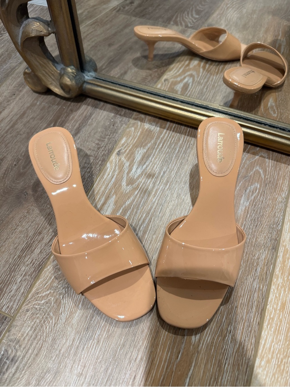 Larroude Nude Patent Mule Heels